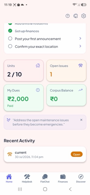 Flatment dashboard showing units, open issues, dues, and corpus balance
