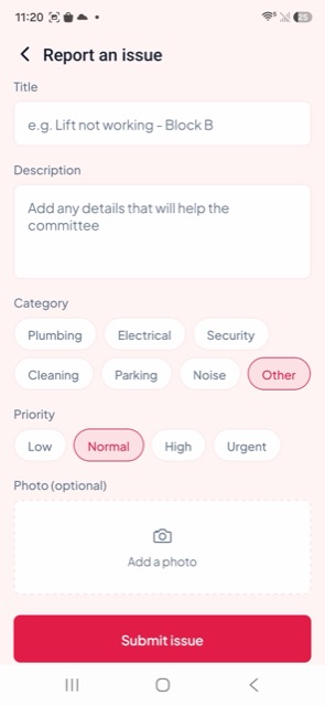 Flatment report an issue form with category and priority